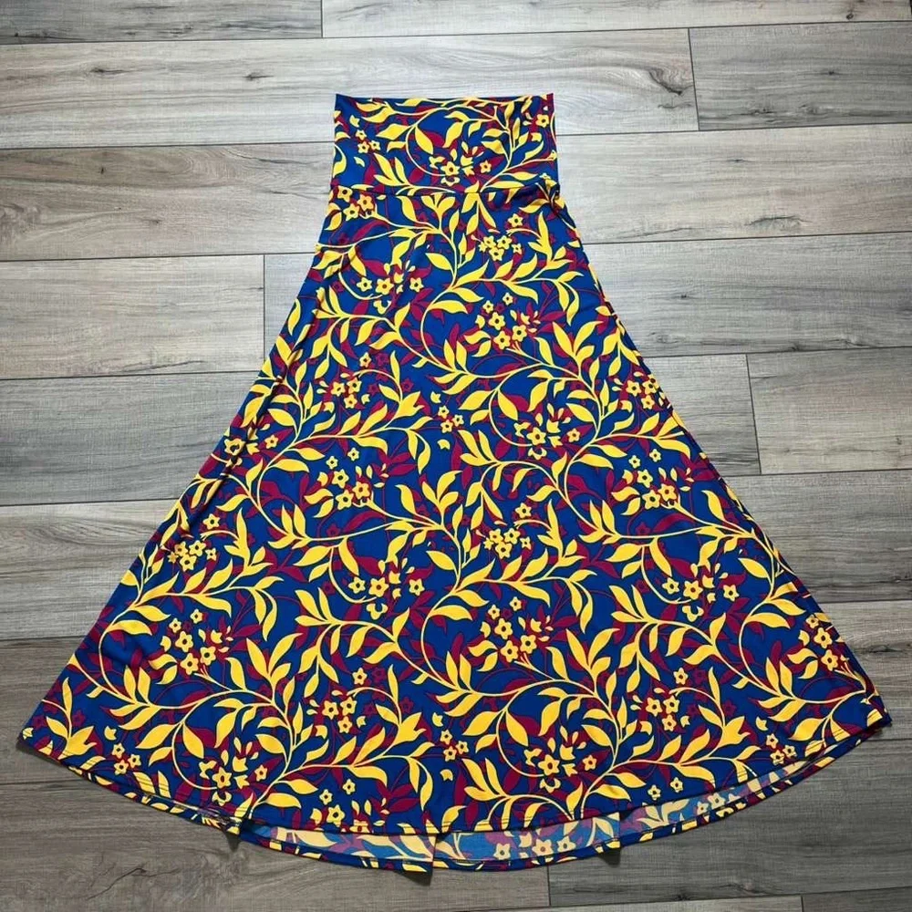 LuLaRoe Womens Floral Leaf‎ Print Maxi Skirt Size XS Blue Cranberry Marigold